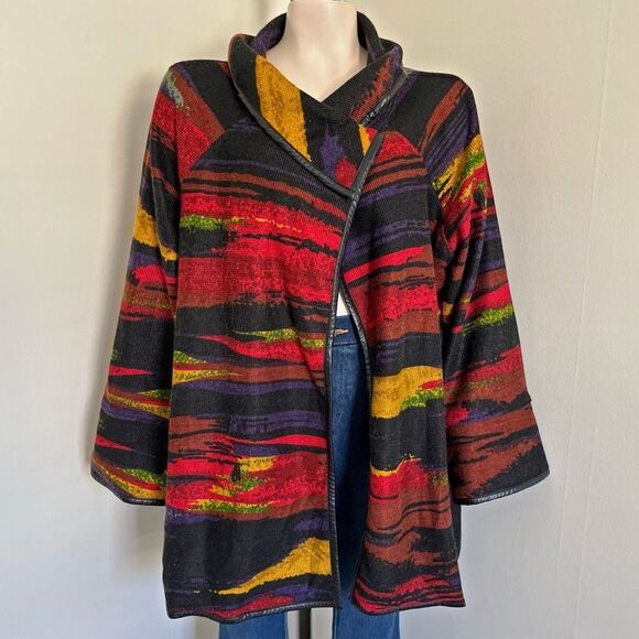 Ali Miles Art Knit Jacket L Abstract Boho Striped Shawl Collar Sweater - Picture 1 of 12